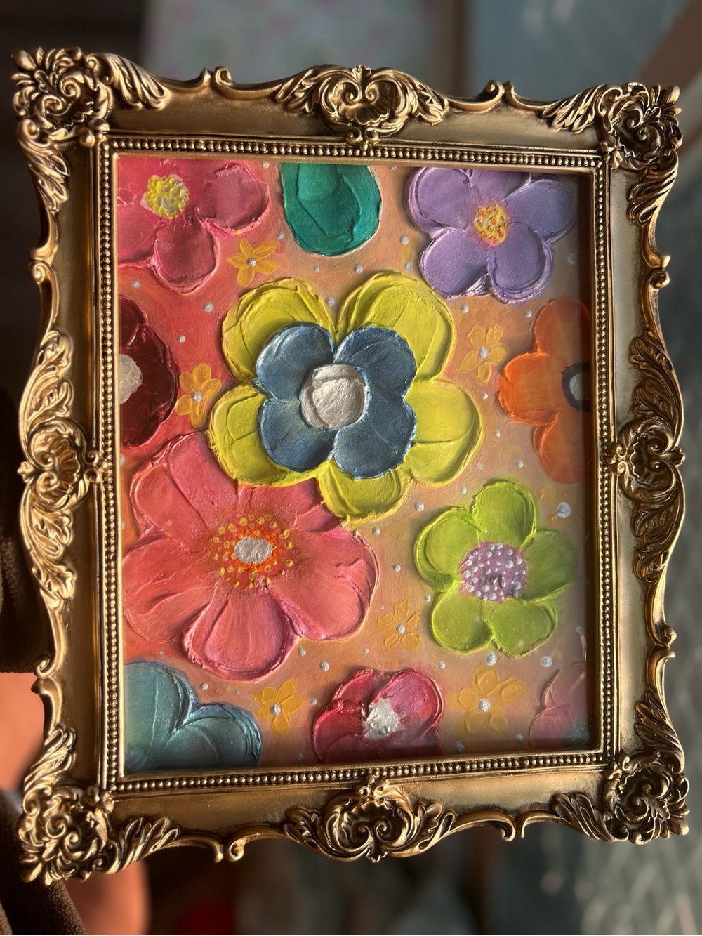 Whimsical Blue Floral Painting in Gold Frame